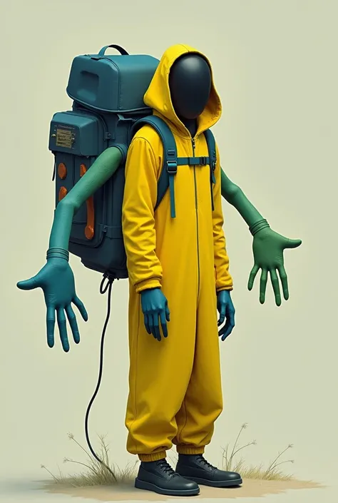 A man in yellow with no face and a grabpack with two arms with hands, one blue hand and one green hand