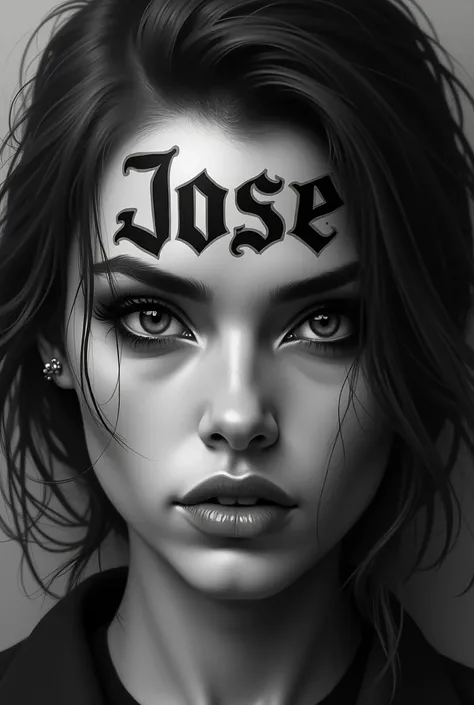 A tattoo on a woman&#39;s forehead that says Jose 