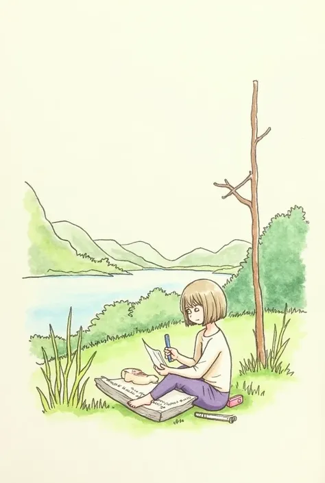 Simple drawing of a writer describing a natural landscape 
