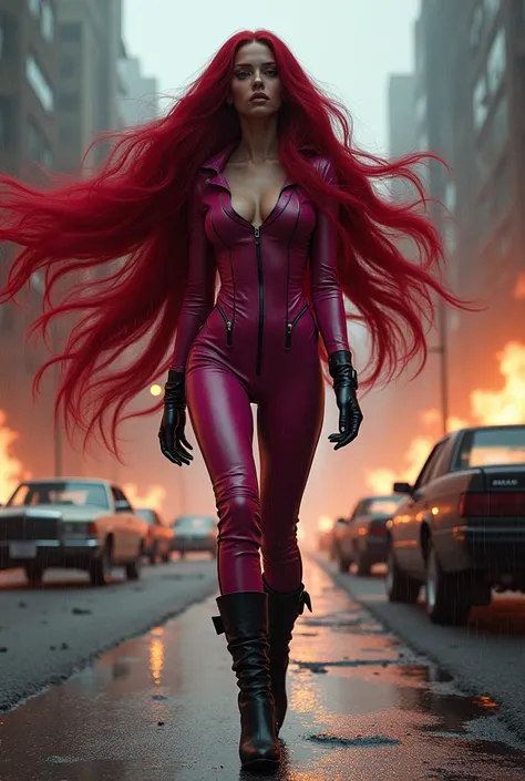 (((A beautiful woman with long red hair crawling along the road))),(((with extensive long red hair prenzil six feet long)))Adriana Lima wearing (((A fuchsia leather one-piece suit))) black leather gloves and boots standing in a rainy apocalyptic city burni...