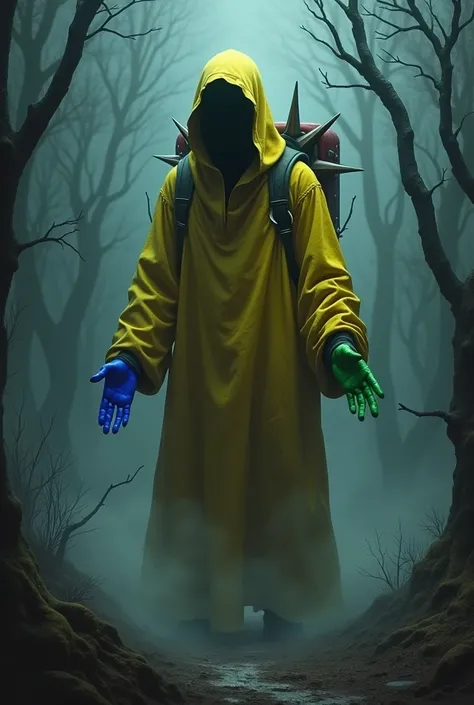 Dark fantasy A man in yellow with no face and a grabpack with two arms with hands, one blue hand and one green hand