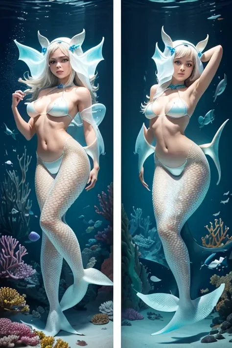 A sexy 13-yr european girl is illuminating(( wearing a shark head band))(( wearing transparent  illuminating shark costume sexy full body detail anatomy figure)), wearing transparent two piece shark detailed on skin, wearing scally shark like skin texture ...