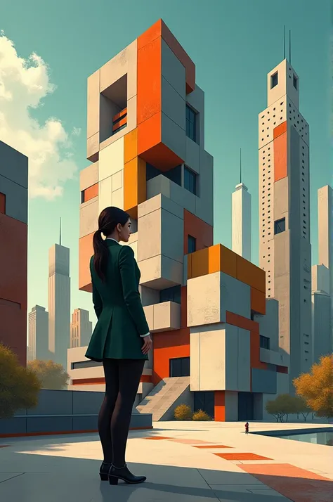 An architect looking at the building she built, cubism technique 