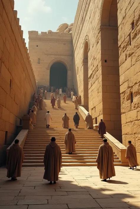 A large wall of ochre stones with two large entrances and a large, wide stone staircase where they rest, People dressed in robes go up and down, Typical Jewish cloaks of the 1st century 