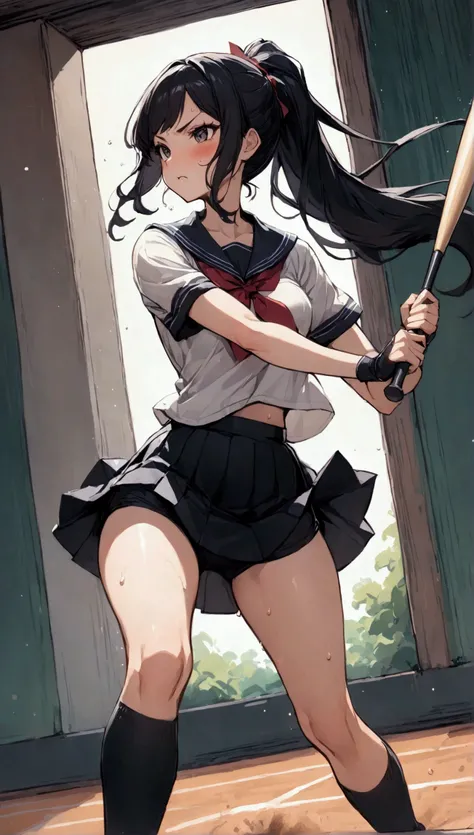 {{Baseball bat-swing:1.8}}．Animated image of a player swinging a baseball bat at a ball,{{action}},{{Baseball bat-swing, skirt flips up, glimpse of black shorts:1.8}},striking out swinging,Black shorts in skirt,Cartoonish ,Line of effect,JK,1girl, solo, at...