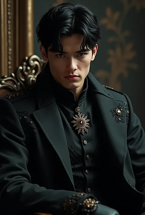 a 20-year-old, ruthless prince with short black hair. He should have a commanding, intense presence, reflecting his cruel nature. His attire should be regal and dark, adding to his imposing and seductive aura