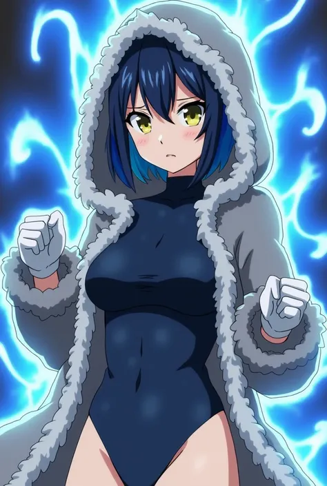 Screenshot of my hero academy, Girl with navy blue hair and lighter blue streaks, yellow eyes, Light skin and a slightly confused, frowning expression. While wearing a dark suit that covers his torso and even above his thighs,Her suit leaves her chest unco...