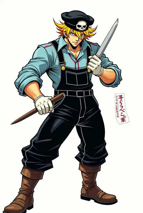 (Manga Type Drawing) Man Wearing black overalls, a sky blue long-sleeved shirt with red stripes, white gloves, brown boots, yellow and gold hair, a beret with a skull in the center, holding a knife with his right hand and extending his left hand ,perfect