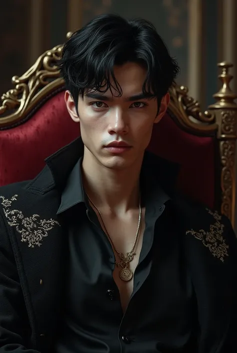 a 20-year-old, ruthless prince with short black hair. He should have a commanding, intense presence, reflecting his cruel nature. His attire should be regal and dark, adding to his imposing and seductive aura