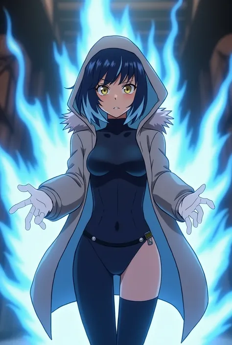 Screenshot of my hero academy, Girl with navy blue hair and lighter blue streaks, yellow eyes, Light skin and a slightly confused, frowning expression. While wearing a dark suit that covers his torso and even above his thighs,Her suit leaves her chest unco...