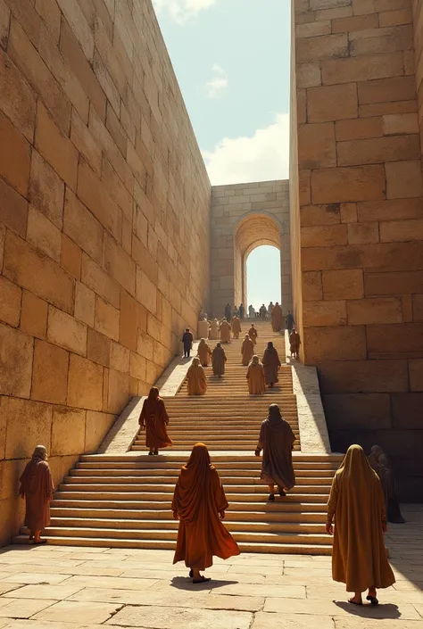 A large wall of ochre stones with two large entrances and a large, wide stone staircase where they rest, People dressed in robes go up and down, Typical Jewish cloaks of the 1st century 