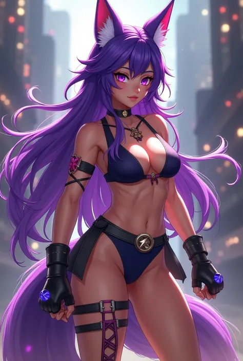 Female martial artist furry fox anime style purple fur long hair thong top shin guards and full body mma gloves