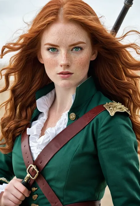 A young red-haired woman with long, flowing hair, green eyes, and freckles on her face, dressed in a form-fitting, elegant red musketeer outfit without a hat. Her attire includes a tailored jacket, high boots, and a belt, giving her a strong and confident ...