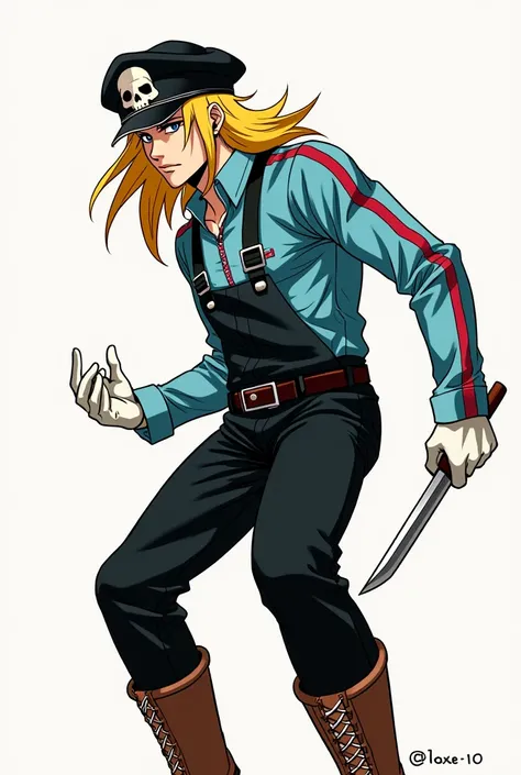 (Manga Type Drawing) Man Wearing black overalls, a sky blue long-sleeved shirt with red stripes, white gloves, brown boots, yellow and gold hair, a beret with a skull in the center, holding a knife with his right hand and extending his left hand ,heterochr...