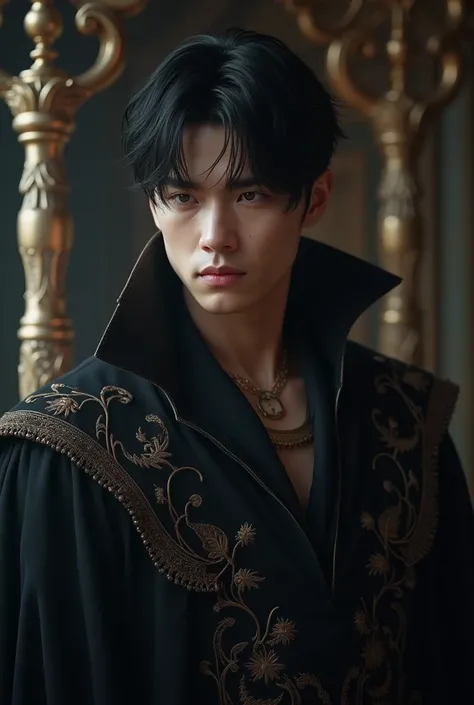 a 20-year-old, ruthless prince with short black hair. He should have a commanding, intense presence, reflecting his cruel nature. His attire should be regal and dark, adding to his imposing and seductive aura