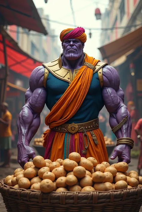 Picture Thanos from Avengers The selling potatoes in a lively  Indian market. He is dressed in a vibrant indian attire kurta Dhoti and a turban. His imposing figure stands behind a stall brimming with fresh potatoes, surrounded by a bustling market.