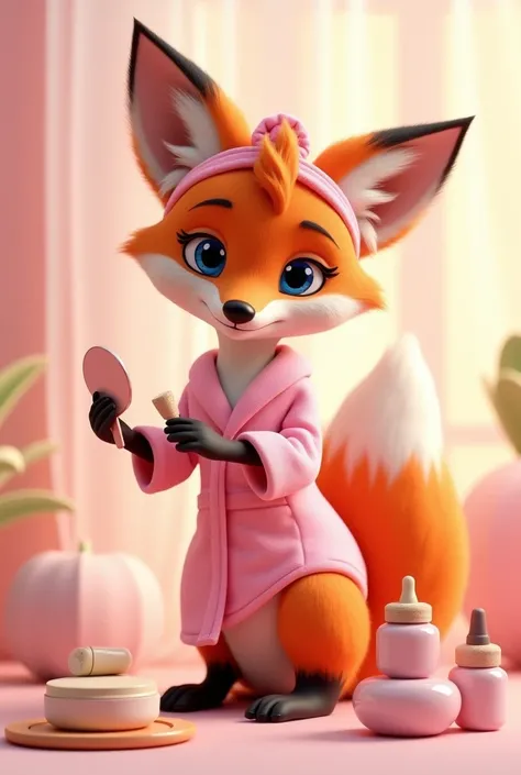 Create a 3D Disney Pixar style fox named Glamour Fox. She must exude an elegant personality, relaxed and attentive, perfect for a section dedicated to skin care and beauty.

colors: Vibrant shades of orange and white, with pink details and accessories to m...