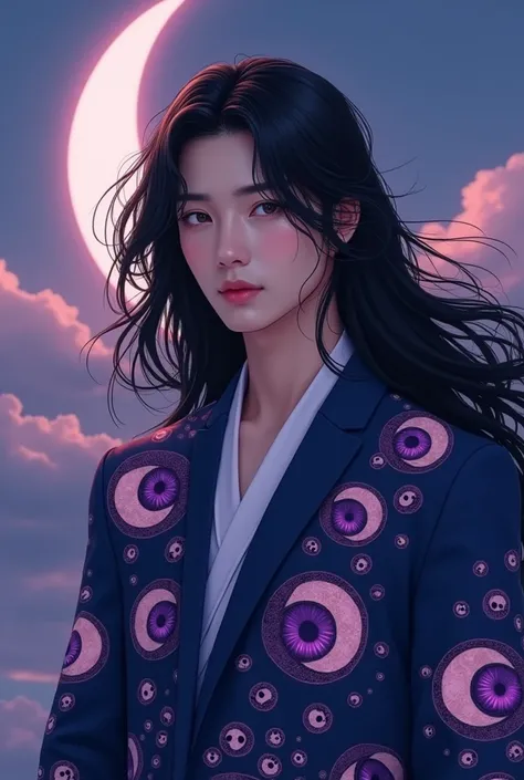 BTS singer Jeon Jungkook with long black hair ,with an outfit with purple-eyed moon designs with the moon in the background