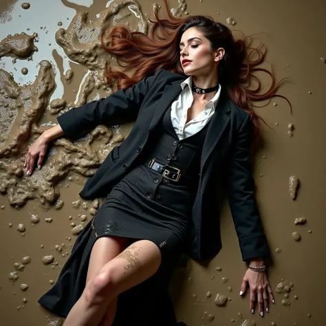 A super realistic photo of one business goth lady, exuding a slender, model-like appearance with long hair. She is dressed in a long and black and torn and ripped  business pencil skirt made from cotton and wool fabric, black and muddy and torn business ja...