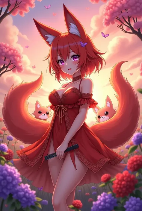 Anime woman with 3 tails and fox ears with red fur with purple eyes with red and orange dress with big tails and with cute face in a field of purple and red flowers with 1,50 meters and with big breasts with 60 cm with teeth and fox cats and with other fox...