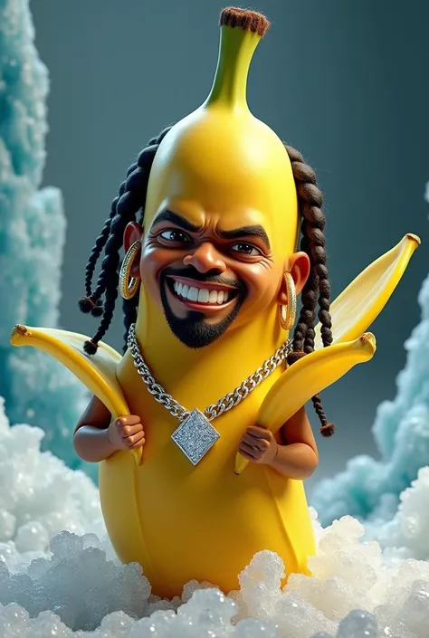 a bababoi banana and that has braids and lots of ice in 3D, put a diamond chain and gold hoops on it so that it is a very macho man with short braids like the black men with man faces wear
