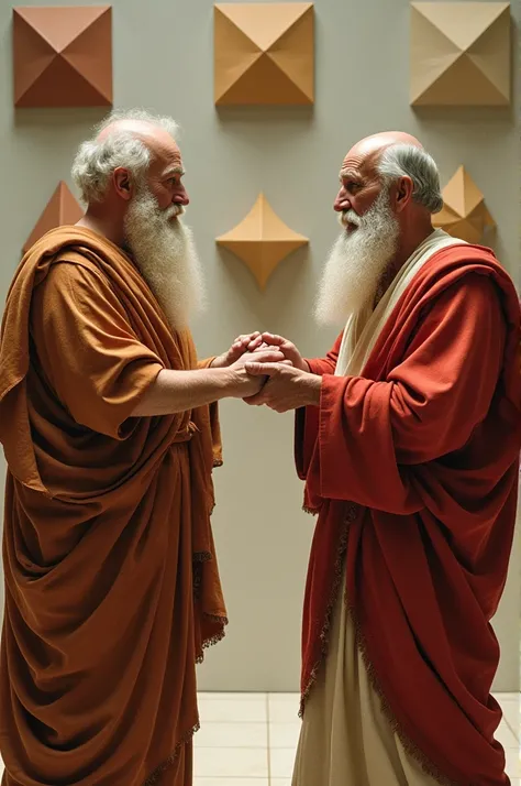 Pythagoras and Galileo greeting each other in front of some geometric shapes, like triangles, rectangles and squares