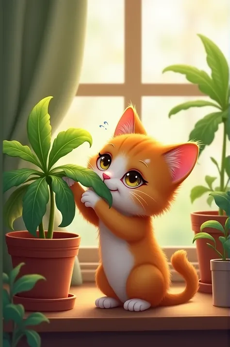 Pets cat eat the plant and cry