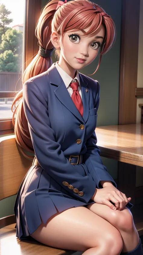 ponytail　Wink　high school girl　uniform　Sitting cross-legged