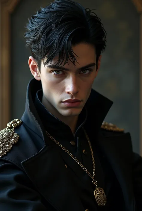 a 20-year-old, ruthless prince with short black hair. He should have a commanding, intense presence, reflecting his cruel nature. His attire should be regal and dark, adding to his imposing and seductive aura