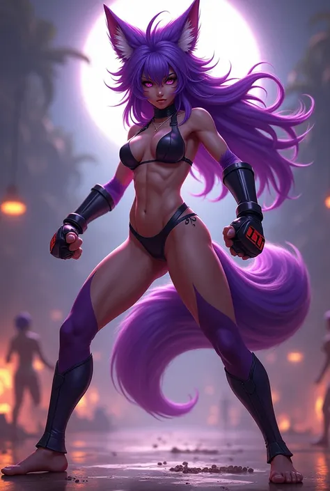 Female martial artist furry purple fox fur long hair thong top shin guards and full body mma gloves bare feet