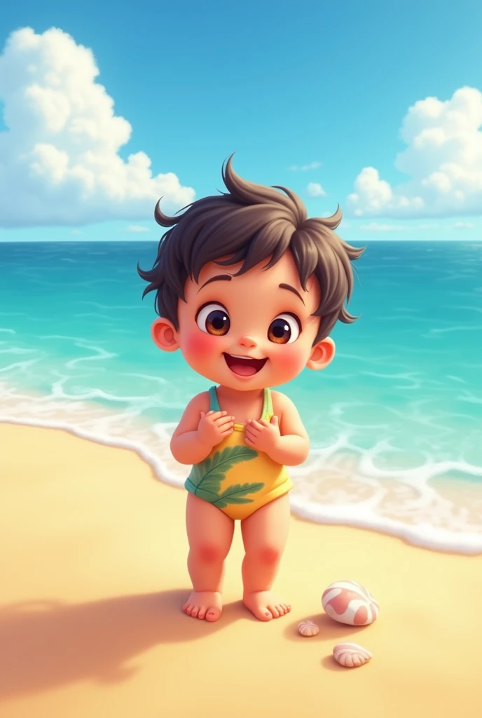 A 2 year old baby enjoying a beach 