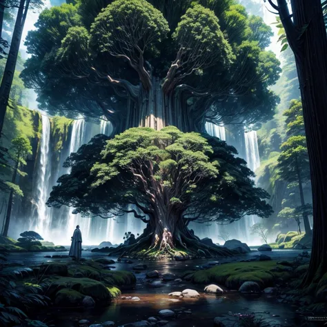 a tree in the middle of a waterfall surrounded by trees, tree of life, cosmic tree of life, the world tree, the tree of life, tree of life seed of doubt, world tree, yggdrasil, fantasy tree, magical tree, mystical setting, cosmic tree, beeple art, realism ...