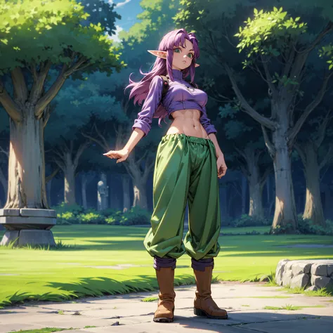 solo character, full body version, girl, very big breast, (elf), green eyes, purple color hair, long bob hair, crop top shirt, b...