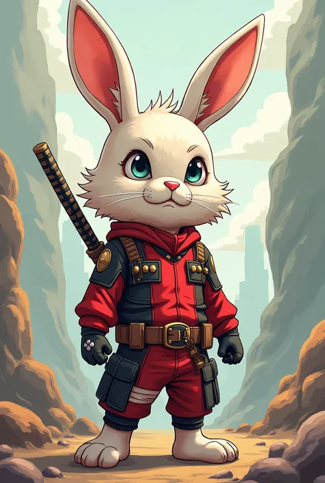 A rabbit, with a mixed style of kakashi with deadpool, cartoon-like, with two katanas on his back