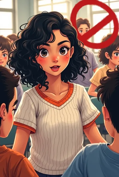 I wanted to create an illustration for alternative communication for a student with ASD with the following situation: a brunette, with slightly slanted eyes, black hair with curls. Wears a white knitted blouse with an orange collar. The image should show h...