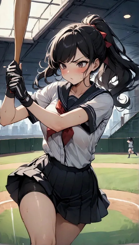 {{Baseball bat-swing:1.8}}．Animated image of a player swinging a baseball bat at a ball,{{action}},{{Baseball bat-swing, skirt flips up, glimpse of black shorts:1.8}},striking out swinging,Black shorts in skirt,Cartoonish ,Line of effect,JK,1girl, solo, at...