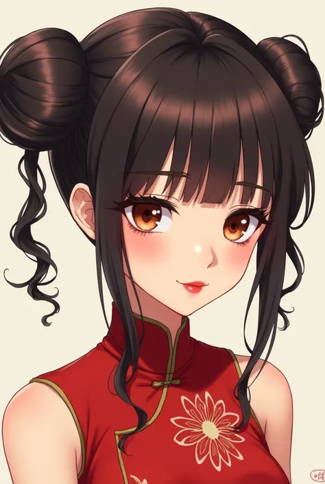 Anime girl with two dark brown onion pigtails with straight bangs, red chinese dress, black painted lips