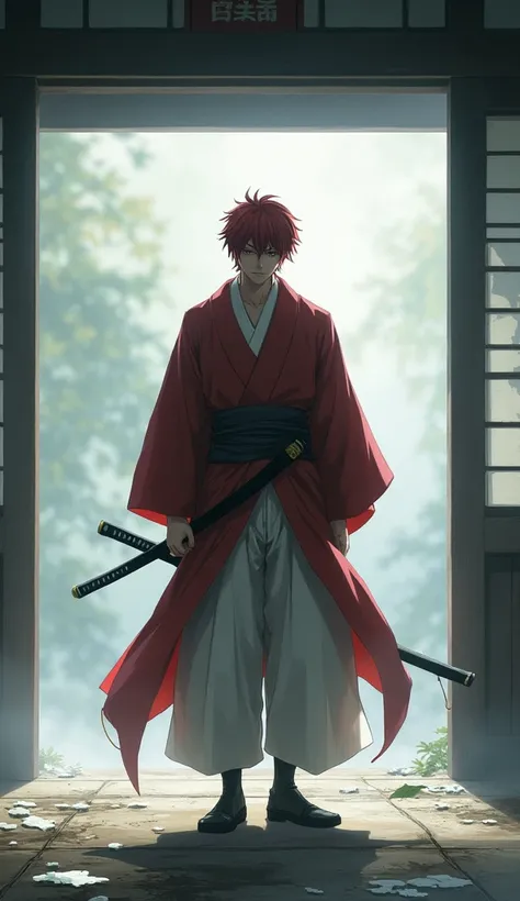 Kenshin Himura stands in a quiet, misty dojo, his red kimono and white hakama flowing gently with the breeze. His face, framed by his distinctive red hair, shows a mix of serenity and underlying sadness. Holding his sheathed katana close, he exudes a sense...