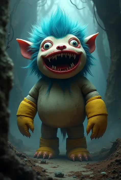 Dark fantasy A stuffed animal with a nearly round head with a huge red mouth with sharp teeth and a  and big legs and big arms with a yellow glove and glass eyes and has tall blue hairs