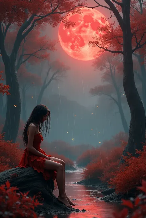 Create A scene that unfolds in a forest, under the predominance of red foliage and trees, a spring night, rain splashes a stream that cuts through the forest, in a tear of heavy clouds, a large red moon appears, spreading its rays that reflect among the tr...