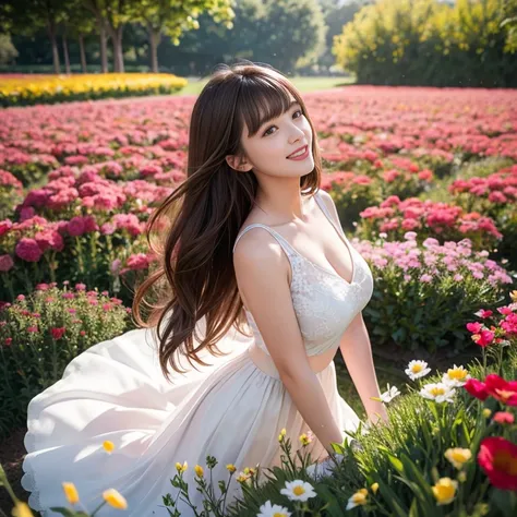 long skirt,in the flower field，Wearing a gauze skirt dress，1 female, On the face, laughing out loud, light brown hair, blunt bangs, hair behind ears, Shoulder-length hair, long hair, Slender body type, 超face slimming型, face slimming, delicate lips, beautif...