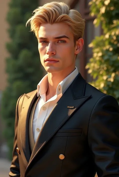 a 20-year-old prince with short blonde hair. He should exude a gentle and refined demeanor, while also being strikingly handsome and charming. His attire should be elegant and stylish, highlighting his attractive and sophisticated presence.