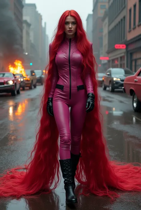 (((A beautiful woman with long red hair dragging her hair along the road))),(((with extensive long red hair prenzil six feet long)))Adriana Lima wearing (((A fuchsia leather one-piece suit))) black leather gloves and boots standing in a rainy apocalyptic c...