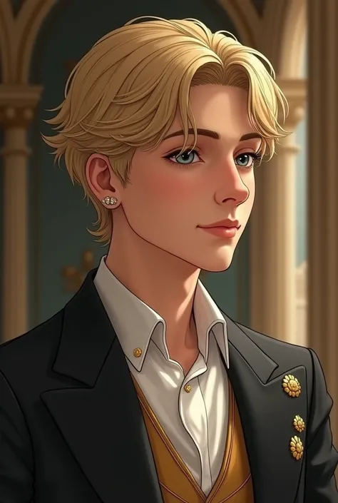 a 20-year-old prince with short blonde hair. He should exude a gentle and refined demeanor, while also being strikingly handsome and charming. His attire should be elegant and stylish, highlighting his attractive and sophisticated presence.