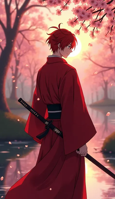 Kenshin Himura stands in a tranquil Japanese garden at dusk, his red kimono fluttering gently in the breeze. The soft light of the setting sun casts a warm glow over his serene face, framed by his distinctive red hair. His sword, sheathed at his side, hint...