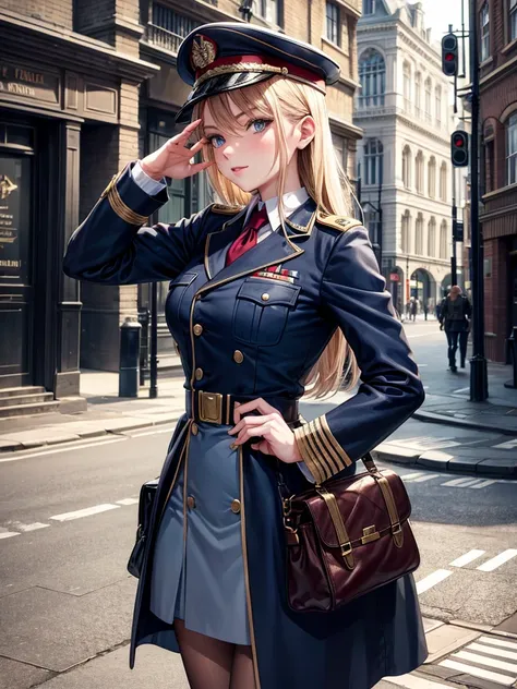 beautiful woman, posing on a street in London, with military uniform 