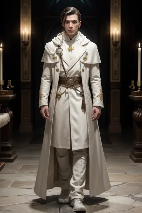 Cleric of the Path of Light, masculine, Mediovale, Using a White Overcoat with Yellow Details Based on Assassin&#39;s Creed