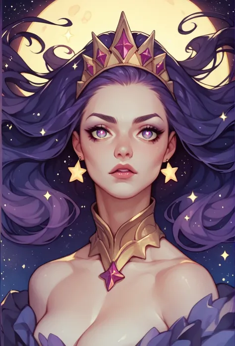 A queen with dark purple hair and stars for pupils