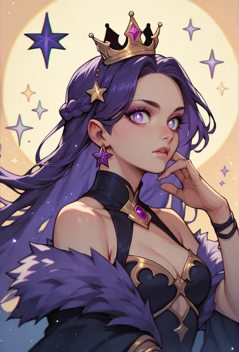 A queen with dark purple hair and stars for pupils