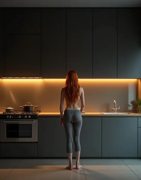 High resolution photo for printing. A girl with a slender build and a narrow waist, elastic buttocks. Full-length rear view. Red-haired girl in tight gray pants cooks at the stove in the kitchen.